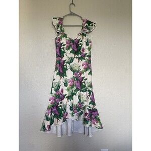 Especia Womens Hydragea dress Short Floral Scalloped High Low Tropical stretch